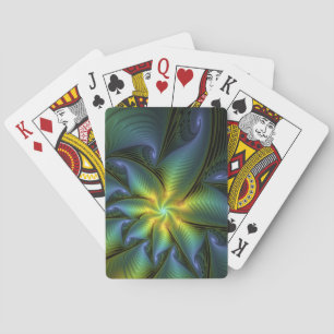 Abstract Star, Shiny Blue Green Golden Fractal Art Playing Cards