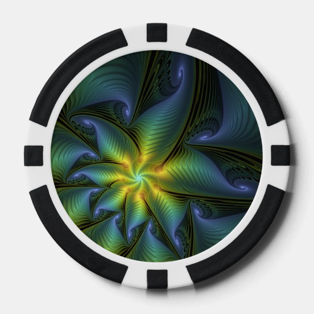 Abstract Star, Shiny Blue Green Golden Fractal Art Poker Chips (Front)