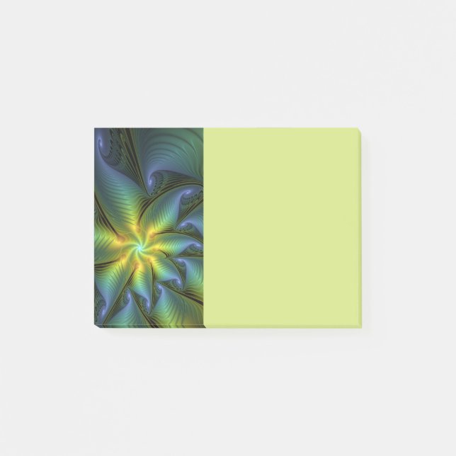 Abstract Star, Shiny Blue Green Golden Fractal Art Post-it Notes (Front)