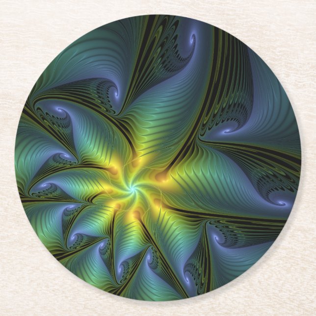 Abstract Star, Shiny Blue Green Golden Fractal Art Round Paper Coaster (Front)