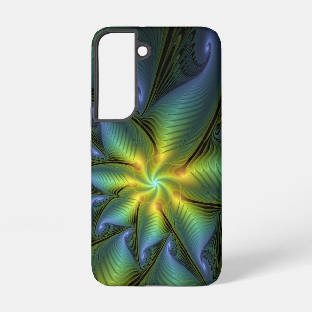 Abstract Star, Shiny Blue Green Golden Fractal Art Samsung Galaxy S22 Case (Back)