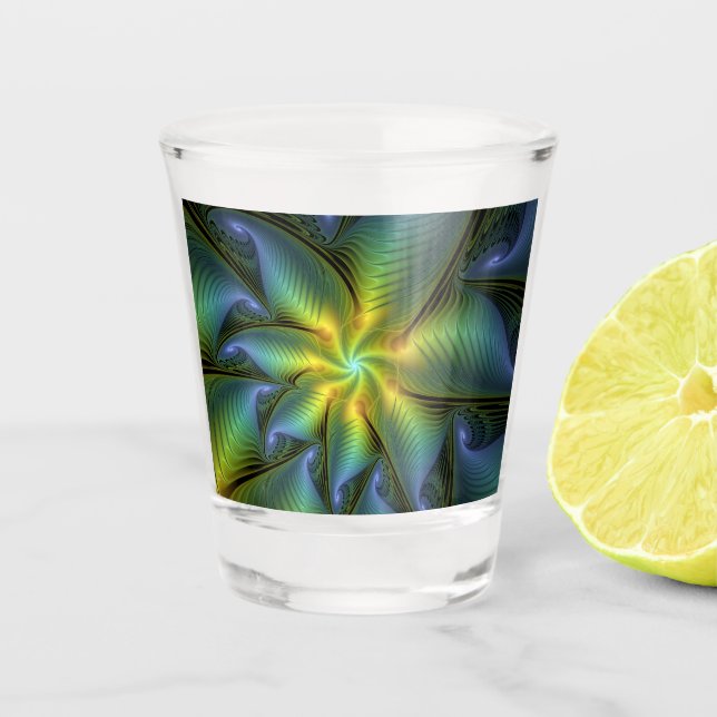 Abstract Star, Shiny Blue Green Golden Fractal Art Shot Glass (Front)