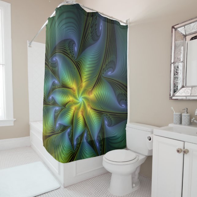 Abstract Star, Shiny Blue Green Golden Fractal Art Shower Curtain (In Situ)