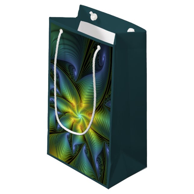 Abstract Star, Shiny Blue Green Golden Fractal Art Small Gift Bag (Front Angled)