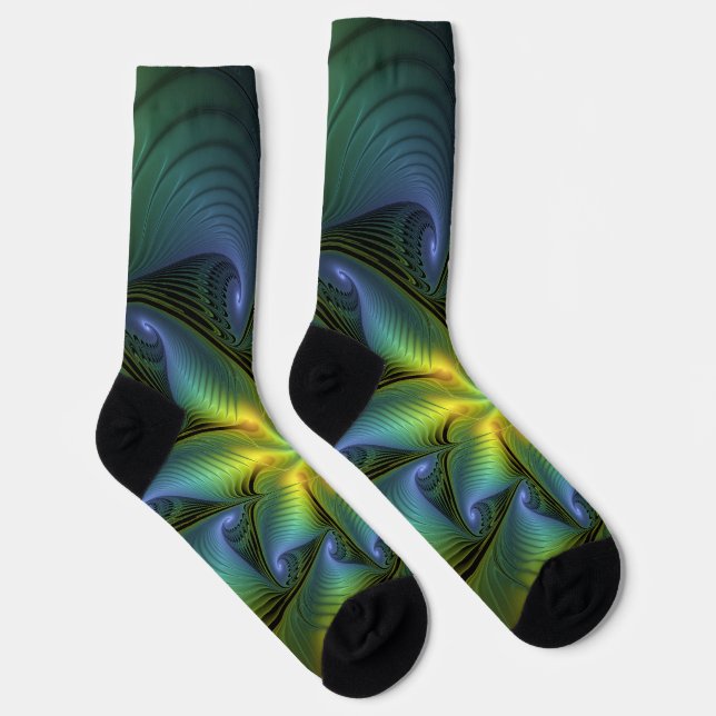 Abstract Star, Shiny Blue Green Golden Fractal Art Socks (Right)