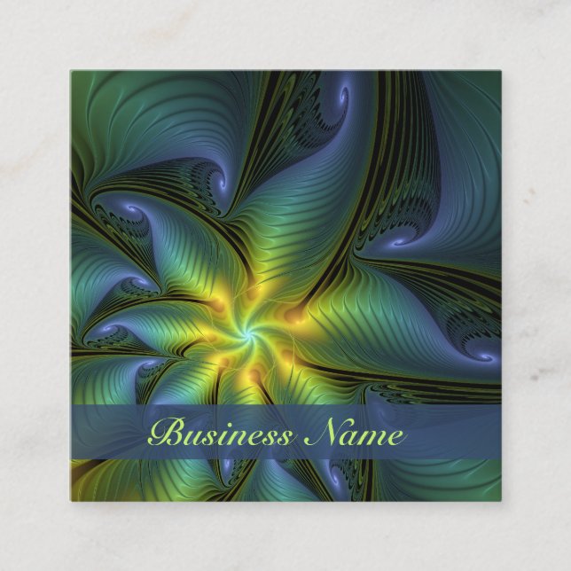 Abstract Star, Shiny Blue Green Golden Fractal Art Square Business Card (Front)