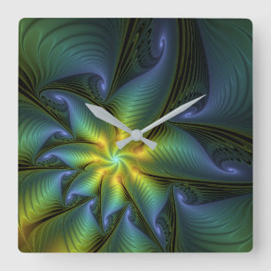 Abstract Star, Shiny Blue Green Golden Fractal Art Square Wall Clock