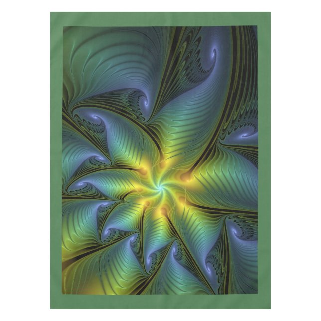Abstract Star, Shiny Blue Green Golden Fractal Art Tablecloth (Front)