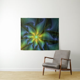 Abstract Star, Shiny Blue Green Golden Fractal Art Tapestry
