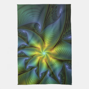 Abstract Star, Shiny Blue Green Golden Fractal Art Tea Towel