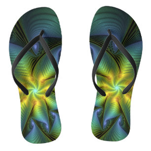 Abstract Star, Shiny Blue Green Golden Fractal Art Thongs