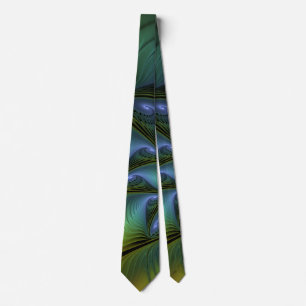 Abstract Star, Shiny Blue Green Golden Fractal Art Tie