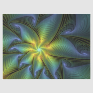Abstract Star, Shiny Blue Green Golden Fractal Art Tissue Paper