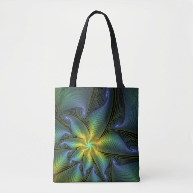 Abstract Star, Shiny Blue Green Golden Fractal Art Tote Bag (Front)