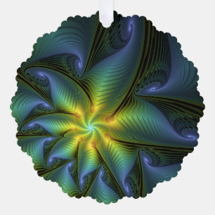 Abstract Star, Shiny Blue Green Golden Fractal Art Tree Decoration Card