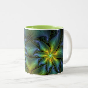 Abstract Star, Shiny Blue Green Golden Fractal Art Two-Tone Coffee Mug