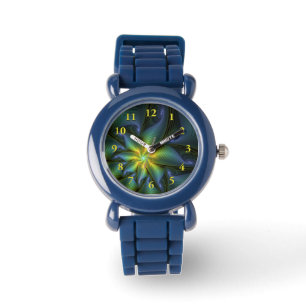 Abstract Star, Shiny Blue Green Golden Fractal Art Watch