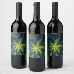 Abstract Star, Shiny Blue Green Golden Fractal Art Wine Label