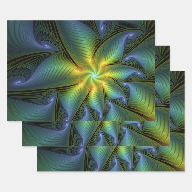 Abstract Star, Shiny Blue Green Golden Fractal Art Wrapping Paper Sheet (Set)