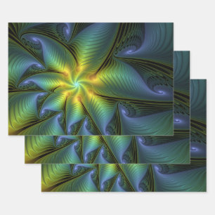 Abstract Star, Shiny Blue Green Golden Fractal Art Wrapping Paper Sheet
