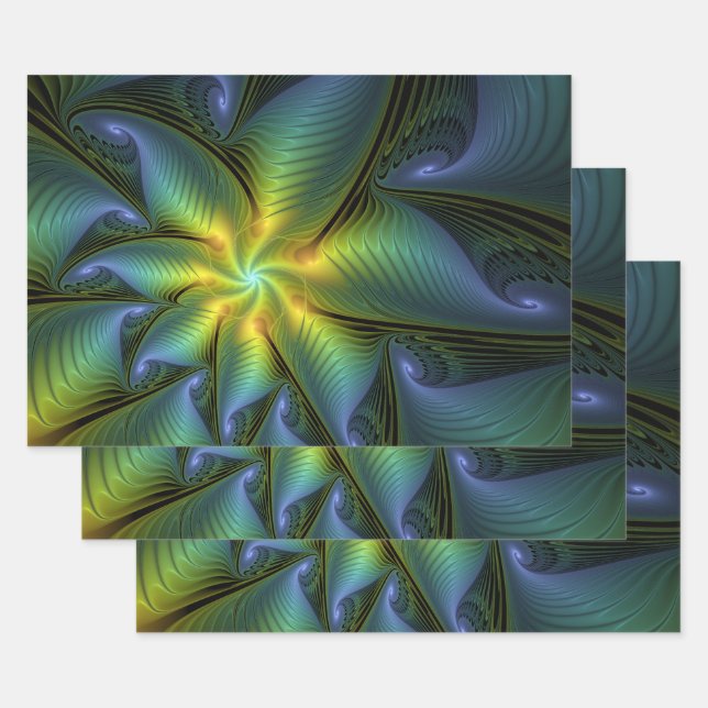 Abstract Star, Shiny Blue Green Golden Fractal Art Wrapping Paper Sheet (Set)