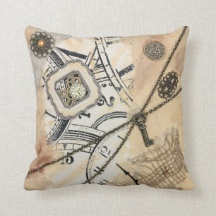 Abstract Steampunk Clock & Key Beige Throw Pillow