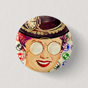 Abstract Steampunk Lady and Colourful Gears 3 Cm Round Badge