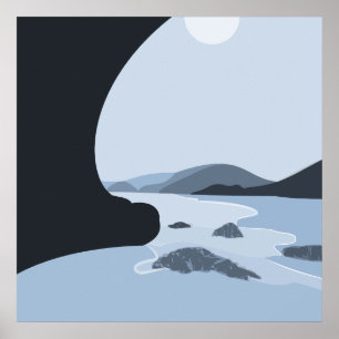 Abstract Steel Blue Stylised Beach Seascape Poster