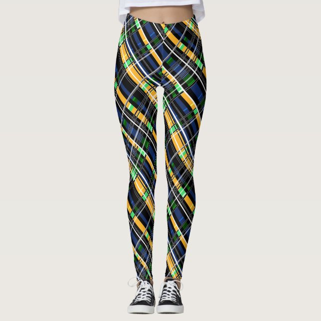 Abstract striped lined bright fun navy yellow gree leggings (Front)
