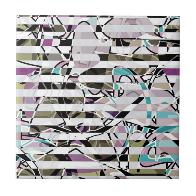 Abstract striped pattern stripes beige turquoise ceramic tile (Front)