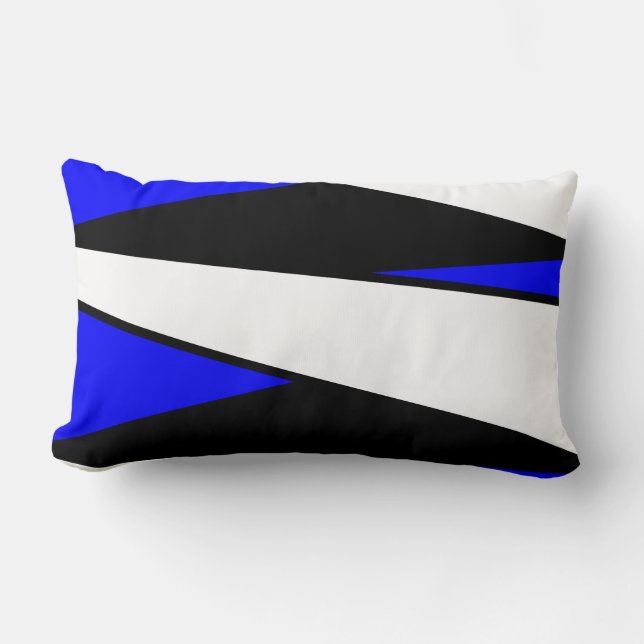 Abstract Stripes, Black and White on Blue Lumbar Cushion (Front)