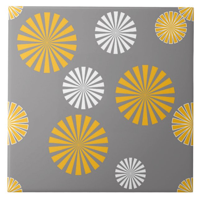 Abstract, stylised dandelions, grey, yellow, white ceramic tile (Front)