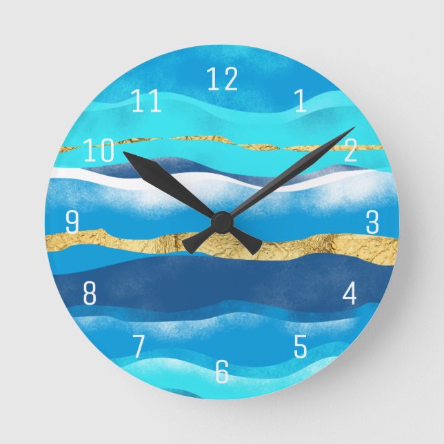 Abstract Summer Tropical Beach Blue Gold Waves Round Clock (Front)