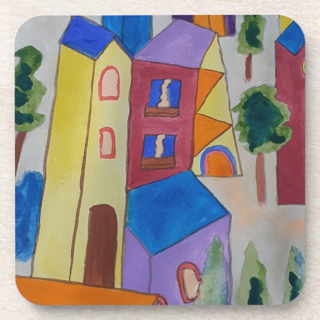 Abstract Summer Village Plastic Coaster (Front)