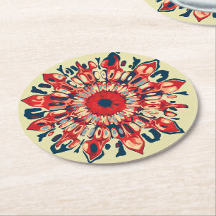 Abstract SUN FLOWER - red blue + your backgr. Round Paper Coaster