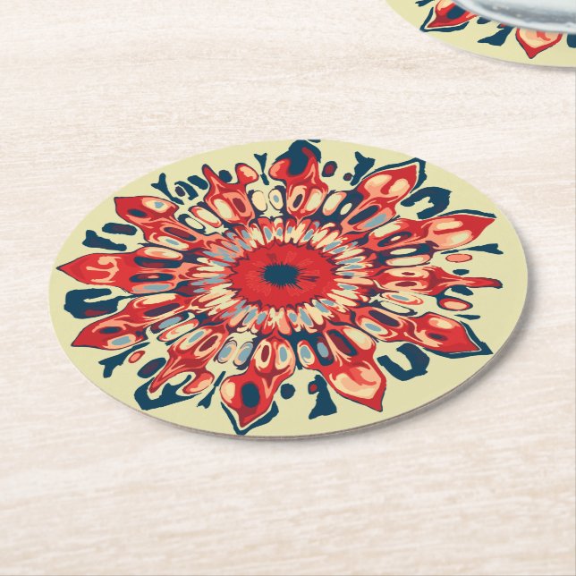 Abstract SUN FLOWER - red blue + your backgr. Round Paper Coaster (Angled)