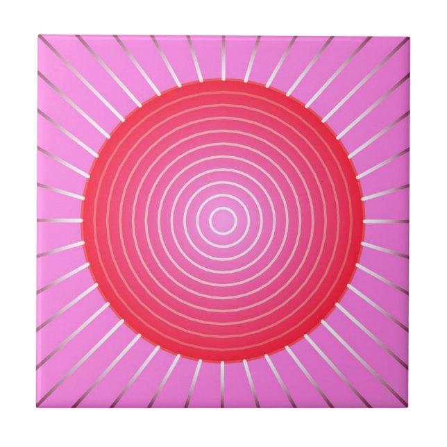 Abstract sunburst in coral, pink and silver tile (Front)