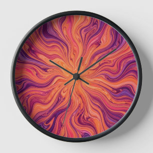 Abstract Sunburst Sunset Orange Liquid Art Clocks