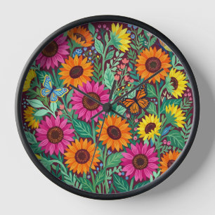Abstract Sunflower Butterflies Gouache Art Clocks