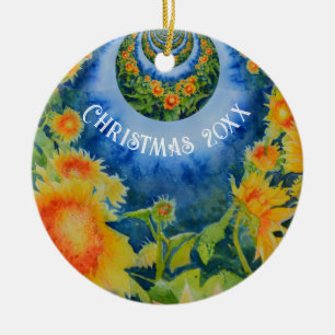 Abstract sunflower field   retro yellow floral   ceramic ornament