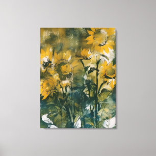 Abstract sunflowers fine art, teals, gold canvas print