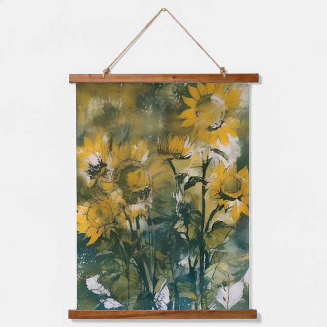 Abstract sunflowers fine art, teals, gold  hanging tapestry (Front)