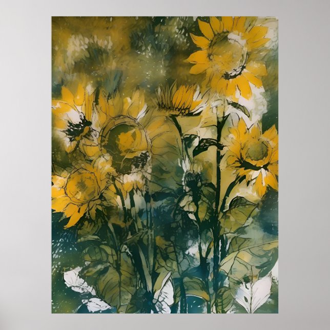 Abstract sunflowers fine art, teals, gold  poster (Front)