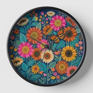 Abstract Sunflowers & Monarch Butterfly Art Clocks