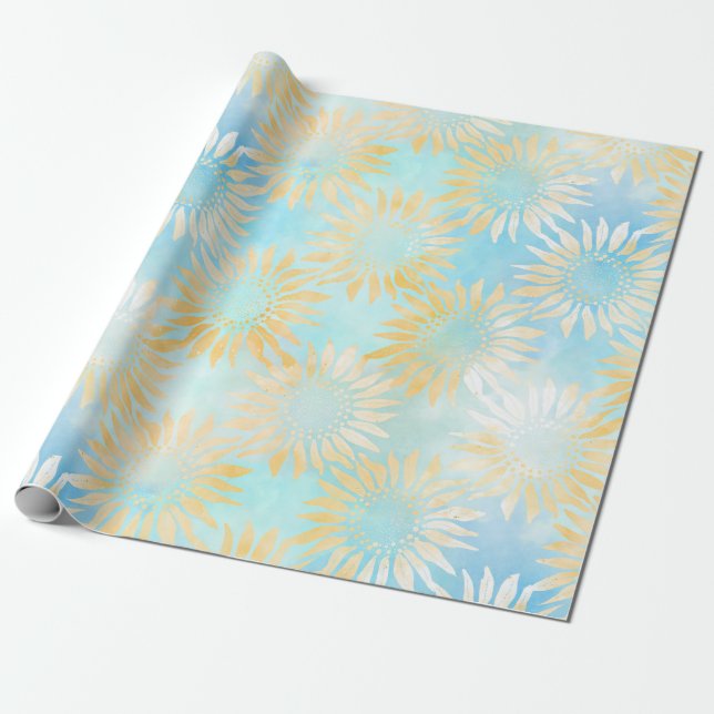 Abstract Sunflowers on Light Blue Wrapping Paper (Unrolled)