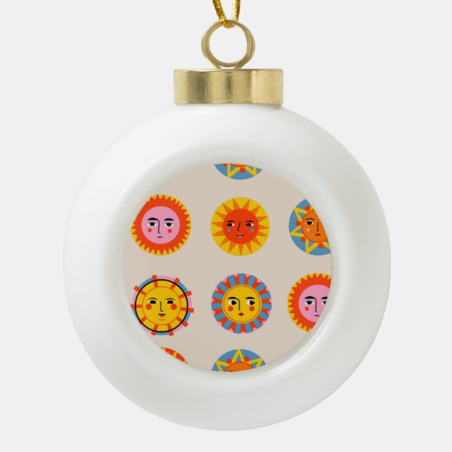 Abstract suns: ethnic seamless pattern. ceramic ball christmas ornament (Front)