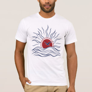 Abstract Sunset Illustration with Birds and Waves T-Shirt