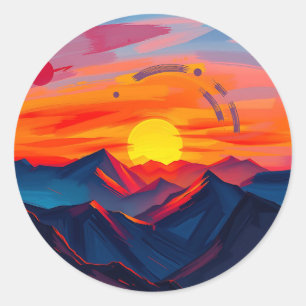 Abstract Sunset Over Mountains with Fiery  Classic Round Sticker