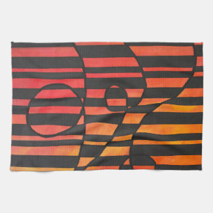 Abstract Sunset Stripes with Bold Geometric Shapes Tea Towel