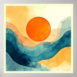 Abstract Sunset Waves Art Poster